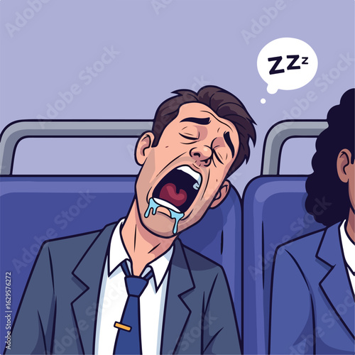 Exhausted cartoon businessman in a suit, sleeping deeply with his mouth open and drooling.