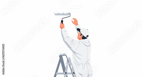 Man painting ceiling with roller, home improvement and renovation concept, interior redesign and decorative wall application, diy household projects
