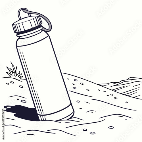 A reusable water bottle is stuck in the sandy ground with a grassy plant nearby