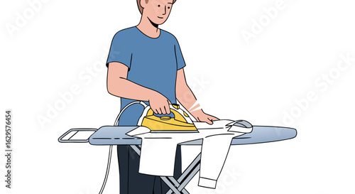 Modern illustration depicting a person ironing clothes on an ironing board with focus and concentration on completing the domestic task
