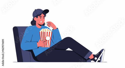 Girl enjoys movie snack with popcorn bucket in relaxed cinema chair setting illustrated art concept
