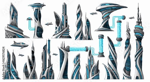 Futuristic Cityscape Concept: Modern Architectural Designs with Flying Vehicles and Energy Systems, Emphasizing Technological Innovation and Urban