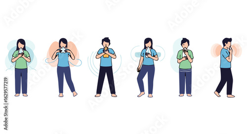 Illustrated guide demonstrating proper hygiene practices for sneezing and coughing etiquette instructions portraying individuals taking preventative