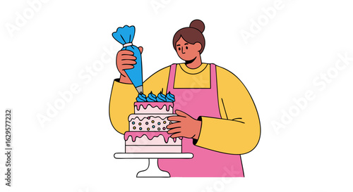 Creative cake design session: Confectioner delicately decorating a tiered cake for a celebratory event