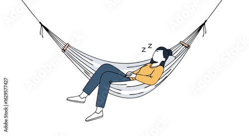 Serene slumber: A woman finds peaceful rest in a hammock suspended in tranquil solitude perfect for relaxation
