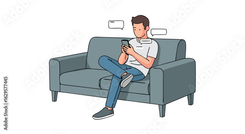 Man relaxing on sofa while using smartphone, communicating online and staying connected with digital technology for modern lifestyle