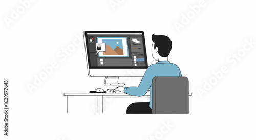 Digital Artist Conceptualizing Landscape, Editable Artwork on a Computer Screen Depicting Creative Professionalism