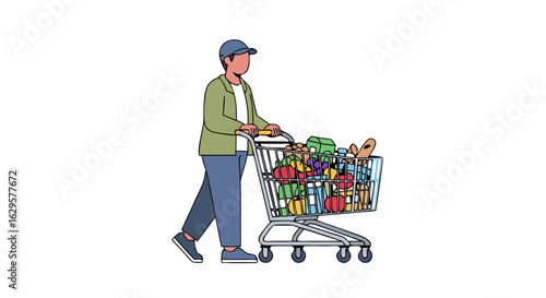Illustrated man pushing shopping cart overflowing with fresh groceries on white canvas background, showcasing a healthy grocery haul and active