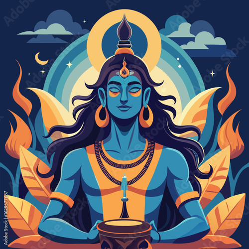 Night cartoon vector illustration of a witch in red with beautiful long hair and star earrings doing yoga in the lotus pose