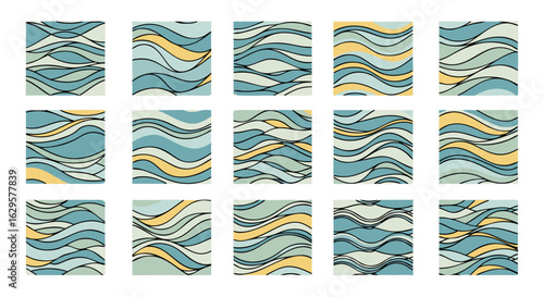 Collection of harmonious abstract wavy patterns with calming colors evoking fluidity and rhythm, suitable for backgrounds and textiles