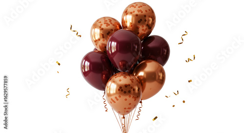 Burgundy and rose gold balloons bouquet with confetti balloons and golden ribbon, festive decoration for celebrations and parties