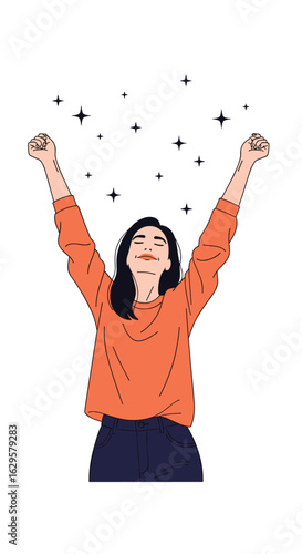 Young woman celebrating success with arms raised high in the air feeling joyful and accomplished