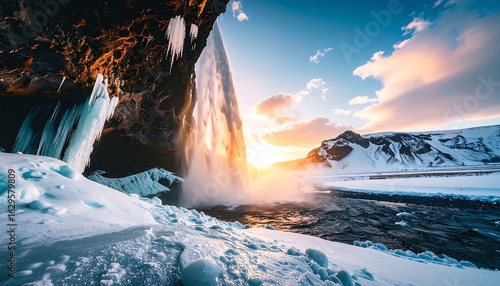 Seljalandsfoss Waterfall in Iceland during winter with snow and ice formations