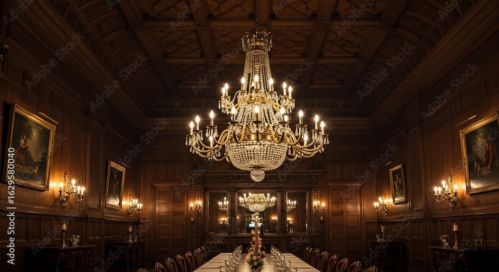 Obraz premium Grand Crystal Chandelier Illuminates Formal Dining Room