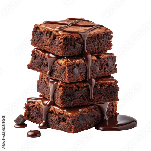Delicious stack of rich chocolate brownies drizzled with melted chocolate isolated on transparent background