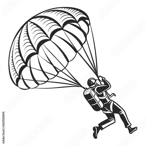 Black and white illustration of a skydiver with parachute open