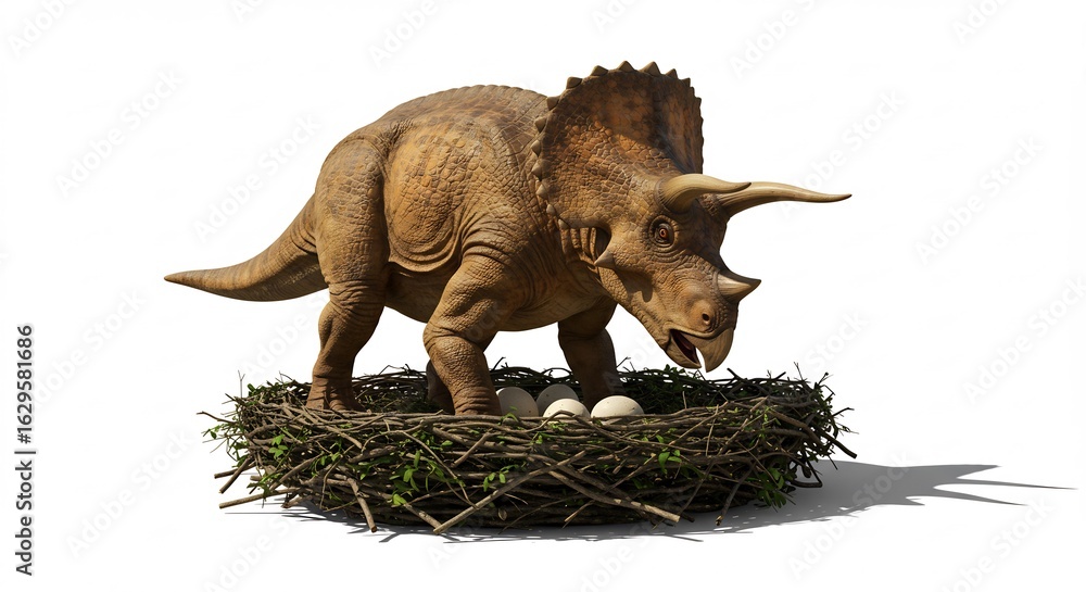 Fototapeta premium Triceratops protecteur veille oeufs nid lumi�re naturelle. AI Generated