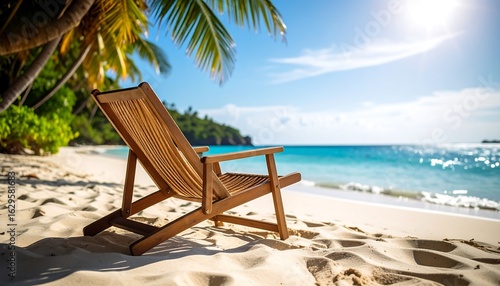 Serene beach escape  Wooden deck chair invites relaxation on tropical paradise