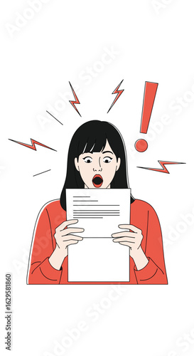 Young woman shocked and amazed reading important document with exclamation mark and lightning symbols above her head