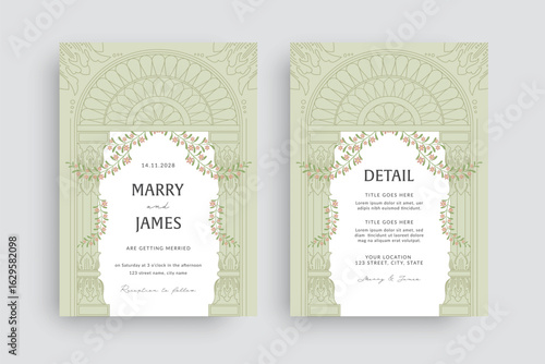 Indian Wedding Invitation with Arched Floral Frame and Heritage Architectural Detailing in Pastel Green