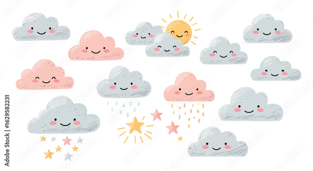 Fototapeta premium Whimsical Set of Smiling Cartoon Clouds Sun and Stars with Textured HandDrawn Style.