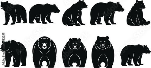 Bear silhouette vector set, black and white wildlife illustration, standing and sitting bear poses, forest animal clipart, grizzly bear design

