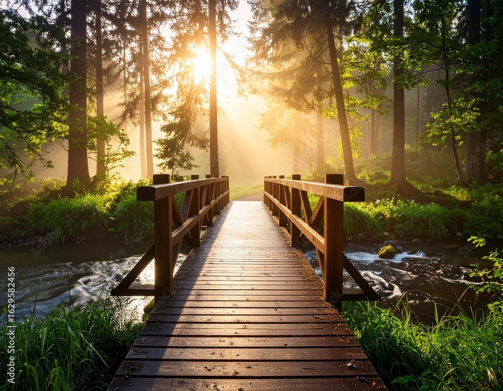 Obraz premium Magical Sunrise Over Wooden Bridge in Misty Forest with Flowing River and Lush Greenery