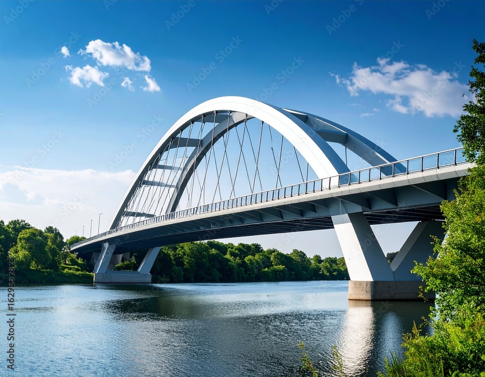 Naklejka premium Magical Sunrise Over Wooden Bridge in Misty Forest with Flowing River and Lush Greenery
