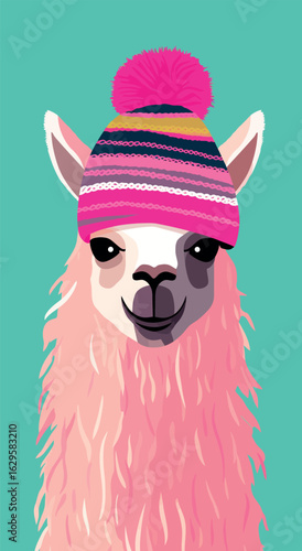 Cute llama wearing a colorful traditional hat with detailed patterns - vector illustration