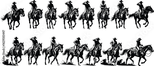 Cowboy riding horse silhouette set, western cowboy clipart, vintage wild west illustration, horseman drawing, black and white vector design

