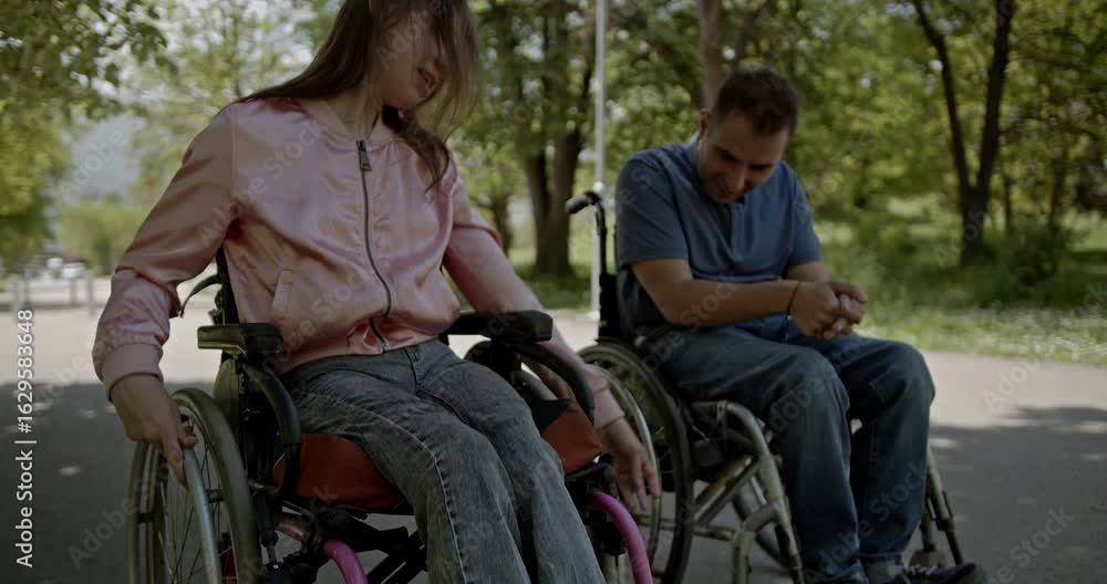 A happy young man and woman in wheelchairs spend quality time together in a vibrant green park, enjoying the warm weather and engaging in joyful conversation. They embody independence and connection. A happy young man and woman in wheelchairs spend quality time together in a vibrant green park, enjoying the warm weather and engaging in joyful conversation. They embody independence and connection.