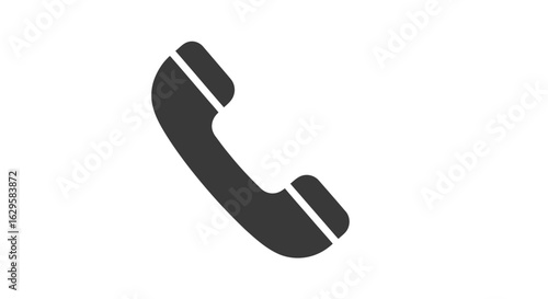 A solid dark grey silhouette of a classic telephone handset icon on a plain white background.