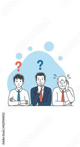 Three businessmen ponder a difficult decision with question marks floating above their heads