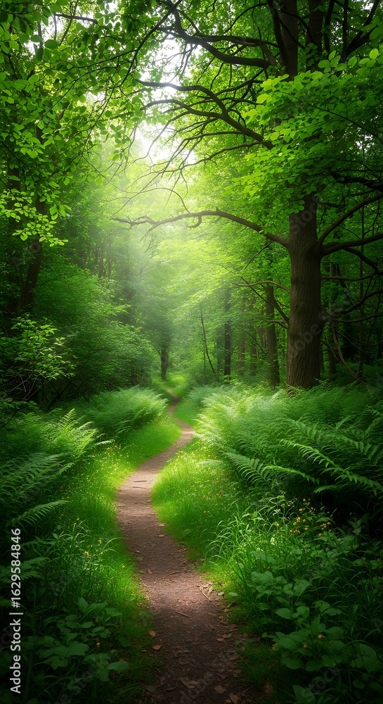 Obraz premium Sunlight streams through a winding forest path.
