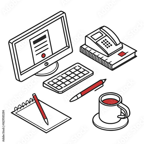 Isometric office workplace with computer, phone, notebook isolated on white background