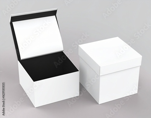 Open and closed white realistic cardboard box with paper and a sticker on a light background. The concept of business gifts. Mock up.
