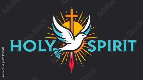 A stylized graphic design illustration featuring a Holy Spirit dove and cross on a black background. With the text Holy Spirit.