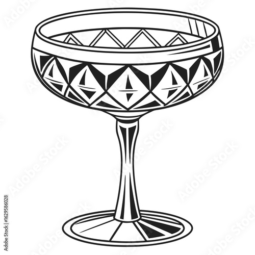 Elegant crystal coupe glass isolated on white background with intricate design