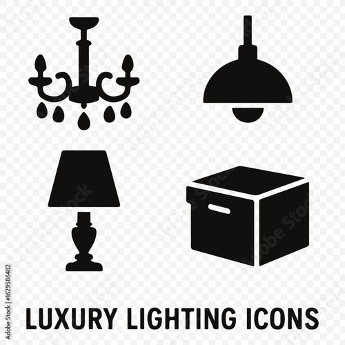 Luxury Lighting Icons Set – Chandelier, Pendant Light, Table Lamp, and Storage Box in Silhouette, luxury lighting, lighting icons, chandelier icon, pendant lamp and transparent background,