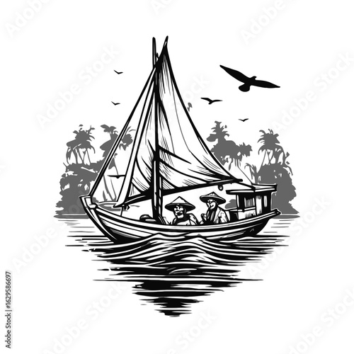 Traditional Asian fishermen on sailboat, vintage vector sketch illustration.