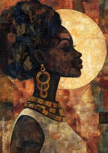 African woman silhouette with traditional jewelry and warm background  