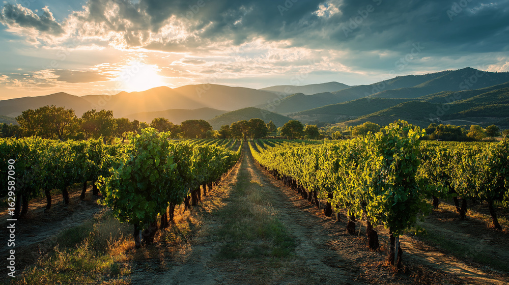 Fototapeta premium Scenic Vineyard at Golden Hour with Rows of Grapevines Leading to Mountains Under Dramatic Sky, Idyllic Countryside Landscape, Authentic Agriculture and Wine Region Beauty, Generative AI.