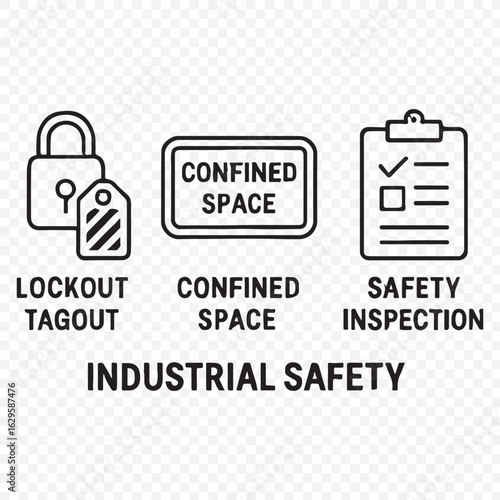 Industrial Safety Icons Set – Lockout Tagout, Confined Space, Safety Inspection Symbols, industrial safety, lockout tagout, safety inspection,