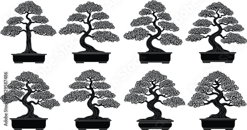 Bonsai tree silhouette collection, black potted bonsai illustrations, zen garden tree icons, Japanese miniature plant vector, peaceful nature graphic design