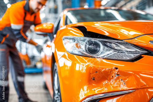 Damaged orange sports car after collision repair in a workshop setting