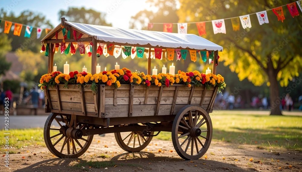 Fototapeta premium A rustic wooden cart decorated with colorful banners and sunflowers at a sunny outdoor festival.
