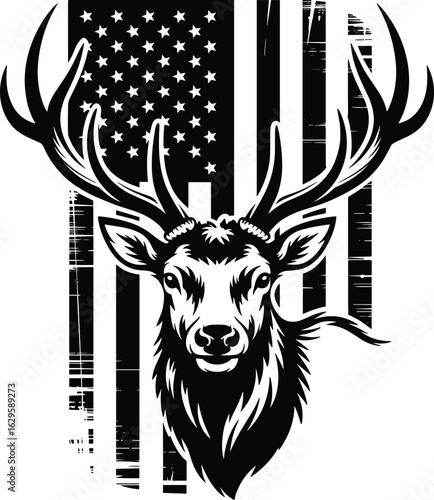 A black and white graphic design of an elk head with detailed antlers against a distressed American flag background