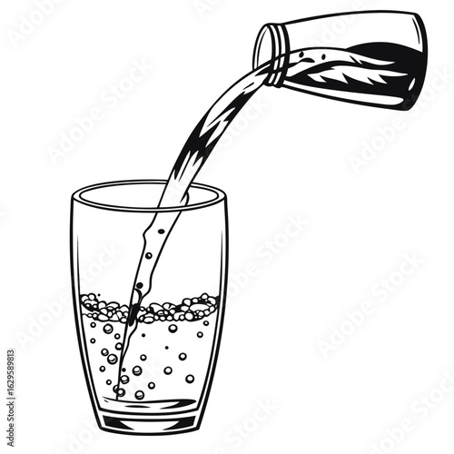 Illustration of pouring liquid into a glass isolated on white background in black lines