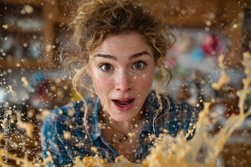 Woman splashed by smoothie spraying out from open blender, home cooking DIY fail, aggravation