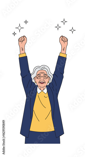 Elderly woman celebrating success with arms raised victoriously while smiling happily under sparkling stars